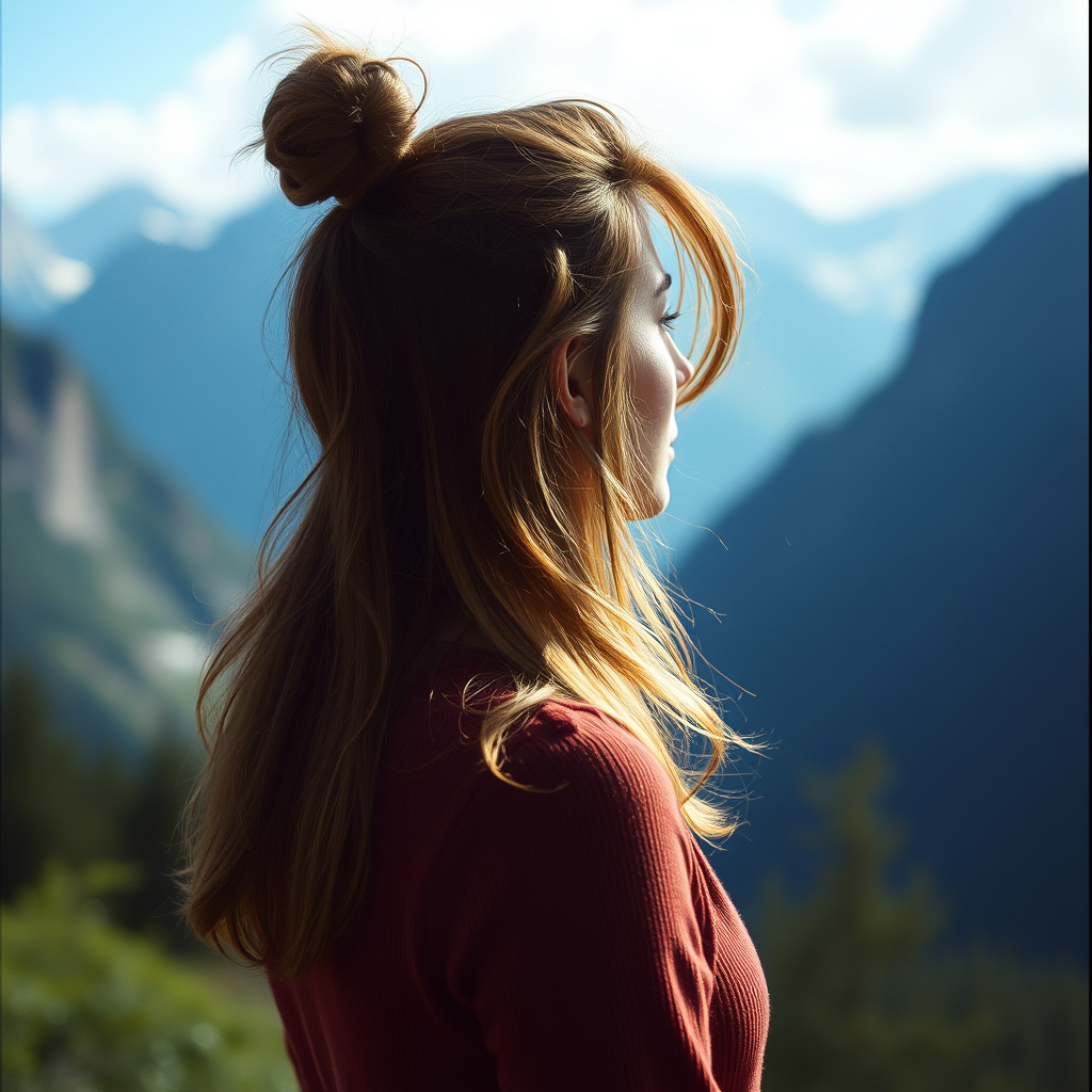 a woman staring out to the mountains